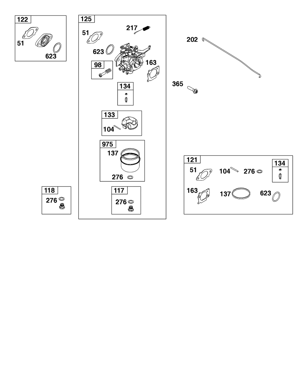 Carburetor Group Diagram and Parts List for 121S0B-0071-F1  Briggs and Stratton Engine